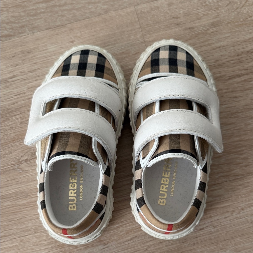 Burberry White Leather & Beige Check Kids Velcro Sandals with Red Accent
